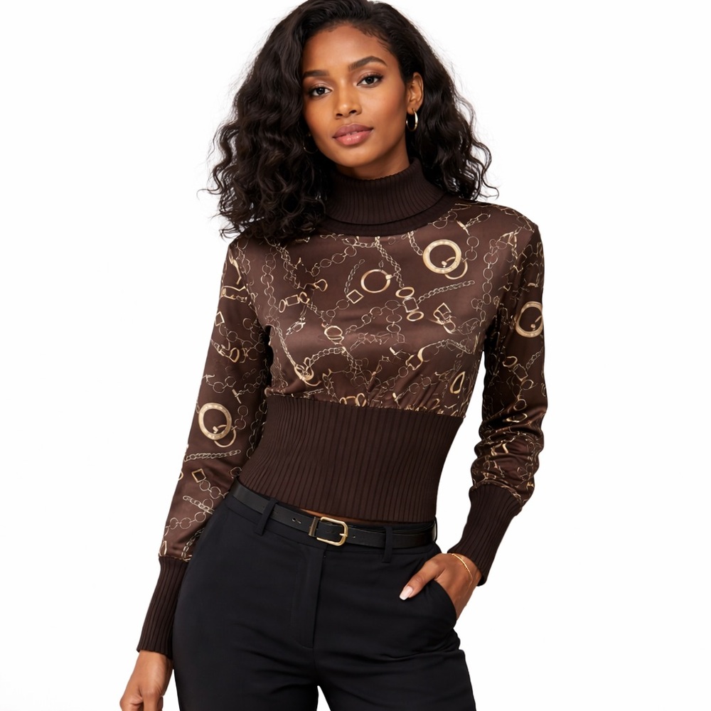 Bellairi Brown Chain Print Ribbed Turtleneck Top Size L